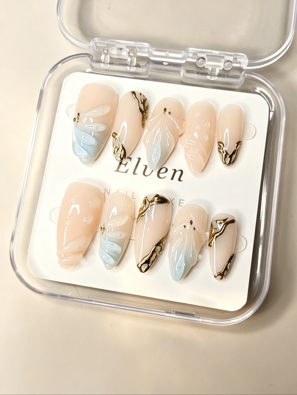 Cream and Blue Almond Shape Handmade Press On Nails